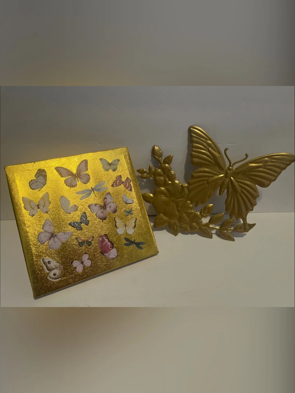 Gold Butterfly /Dragonfly Wall Art Decor Set -metal plaque & canvas Art-